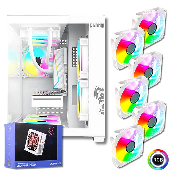 Gabinete Gamer Aquário Com 6 Fans RGB, Clanm GRODD SNOW + Fonte 500W Branco