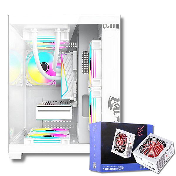Gabinete Gamer Aquário, Clanm GRODD SNOW, Micro-ATX/ITX + Fonte 500W Branco
