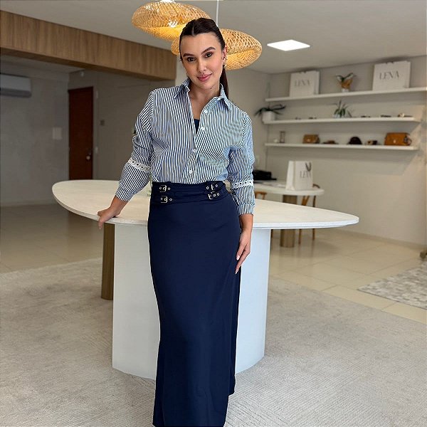 CAMISA LISTRA C/ RENDA BRANCA COM LISTRAS AZUIS G