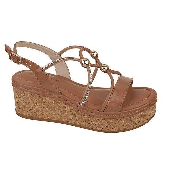 Sandália Plataforma Feminina Marrom Cortiça Pedrarias Confortável Bebece T4038-443