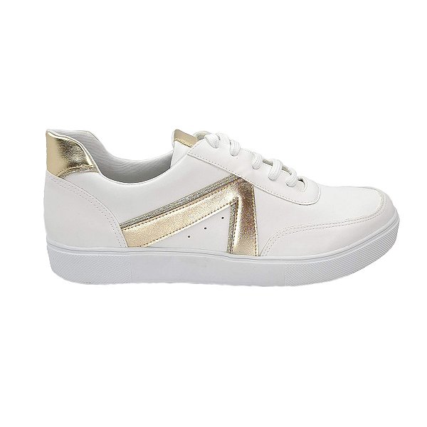 Tênis Branco Feminino Casual com Detalhes Dourados Estilo Fashion Confortável 927414