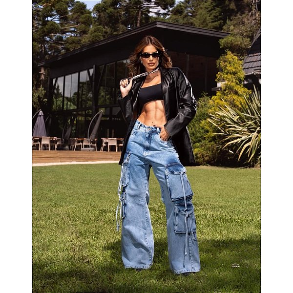 Calça Wide Leg Cargo Premium - Blue Washed