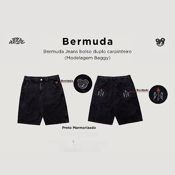 Bermuda Trip Side Jeans Baggy Carpinteiro Preto Marmorizado