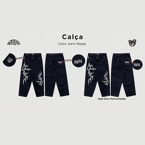 Calça Trip Side Jeans Baggy Dark Blue – Bordado/Estampa