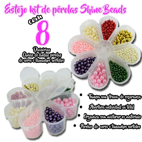 Estojo margarida Kit de perolas Shine Beads 8 divisórias cheias C/ Perolas inteiras