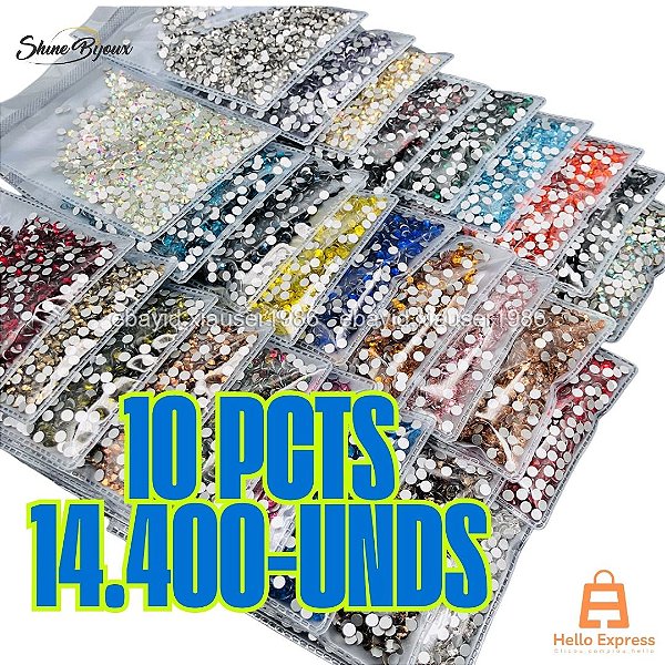 Chaton Strass Base Reta Kit Atacado com 14.400 Unidades 10pcts tamanhos e cores misto