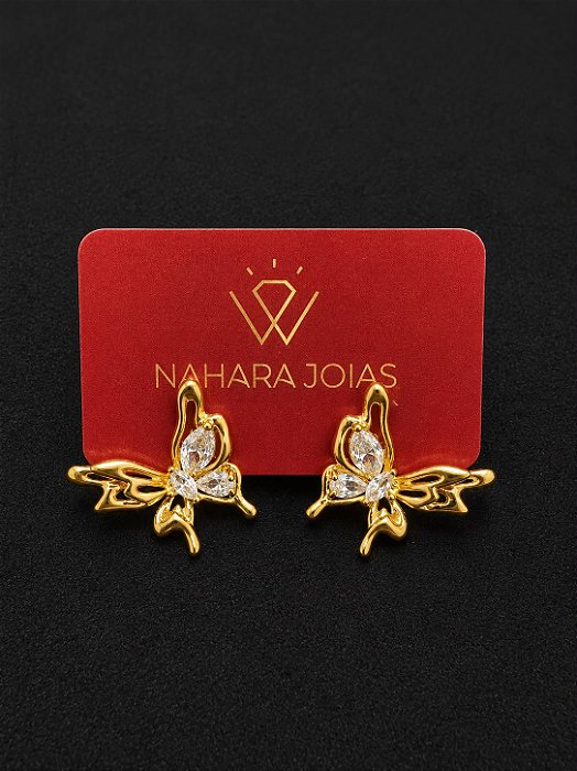 Brinco Borboleta Luxo Cravejado Banhado a Ouro 18k
