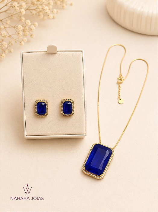 Conjunto Colar e Brincos Retangular Safira Banhado a Ouro 18k