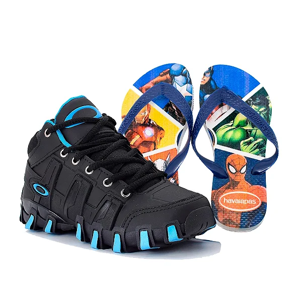 Kit Menino Tênis Infantil Botinha Oakley + Chinelo Infantil Havaianas Heróis