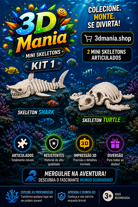 Kit 1 Skeletons Marinhos Articulados – Tubarão e Tartaruga