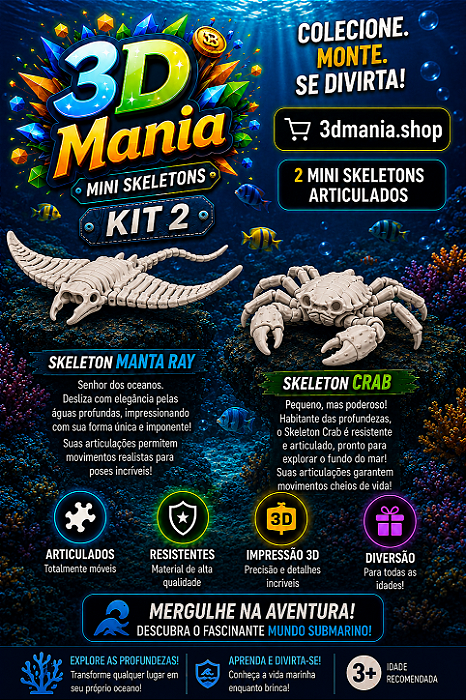 Kit 2 Skeletons Marinhos Articulados – Raia e Caranguejo