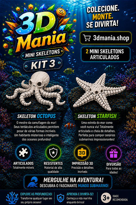 Kit 3 Skeletons Marinhos Articulados – Polvo e Estrela-do-Mar