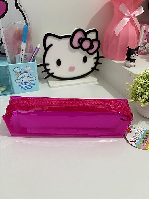 Estojo Transparente Rosa Grande Impermeável PVC Escolar Necessaire