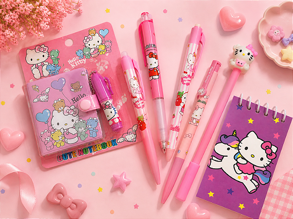 Kit Hello Kitty Papelaria Completa com Canetas e Caderno Fofo