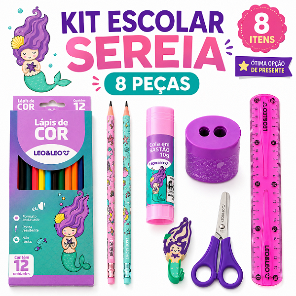 Kit Escolar Sereia 8 Peças Infantil Completo Leo&Leo