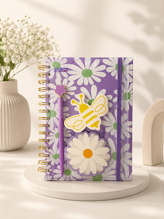 Caderno Pautado Floral A5 c/ Estojo Zipado, Caneta Luxo e Blocos Autocolantes