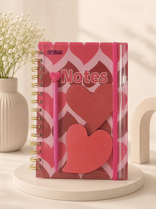 Caderno Pautado Floral A5 c/ Estojo Zipado, Caneta Luxo e Blocos Autocolantes