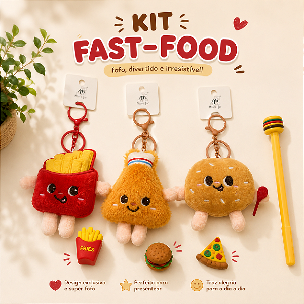 Kit Fast Food com Chaveiro de Pelúcia, Caneta e Borracha