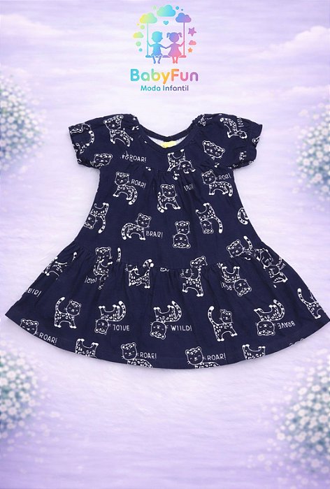 Vestido Kyly Azul Escuro Estampa Onça Tamanho P
