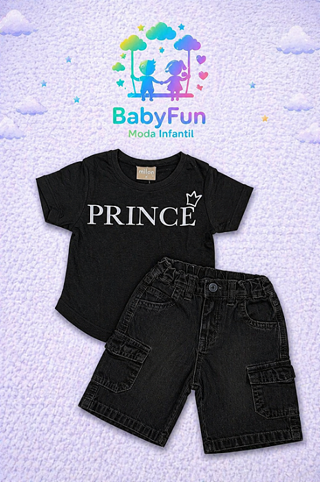 Conjunto infantil Milon composto por camiseta preta com estampa “Prince” e bermuda jeans escuro estilo cargo