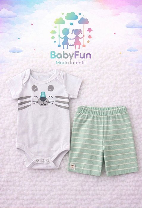 Conjunto Body Branco e Bermuda Verde para Bebês Brandili Tam. G