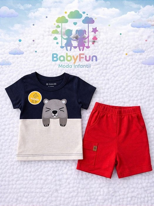 Conjunto Bebê Short Vermelho e Camiseta Azul Marinho/Creme com estampa de Castor Brandili