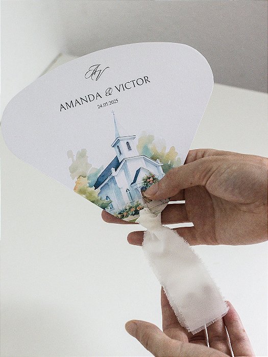 Ventarola/Leque para casamento com fita rústica | Ilustração de aquarela