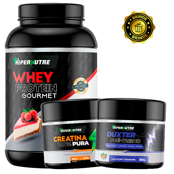 Whey Protein Gourmet 900g + Creatina Monohidratada 100% Pura 300g + Pré-treino Duxter 300g