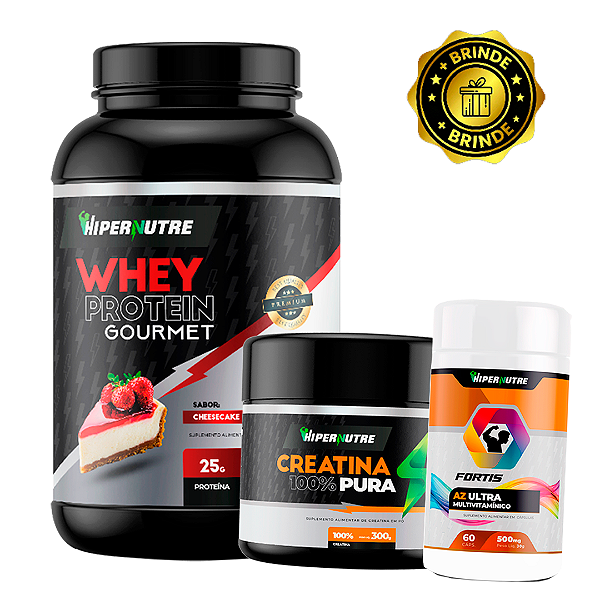 Whey Protein Gourmet 900g + Creatina Monohidarata 100% Pura 300g + Fortis Ultra Multivitamínico A-Z 60 Cápsulas