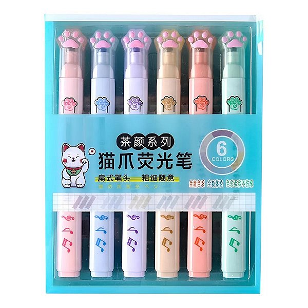 Kit Marca Texto Gatinho 6 Cores Pastel – Ponta Chanfrada – Highlighter Fofo com Patinha