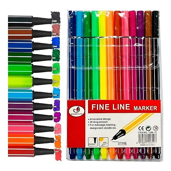kit 12 Canetas Coloridas Fine Line Ponta Fina 0.4 mm 1ª Linha