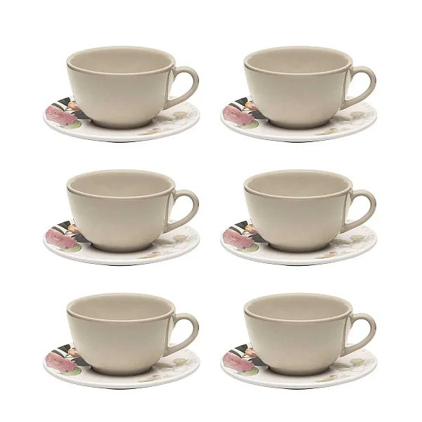 Jogo de 6 Xícaras Grandes 200 Ml Com Pires