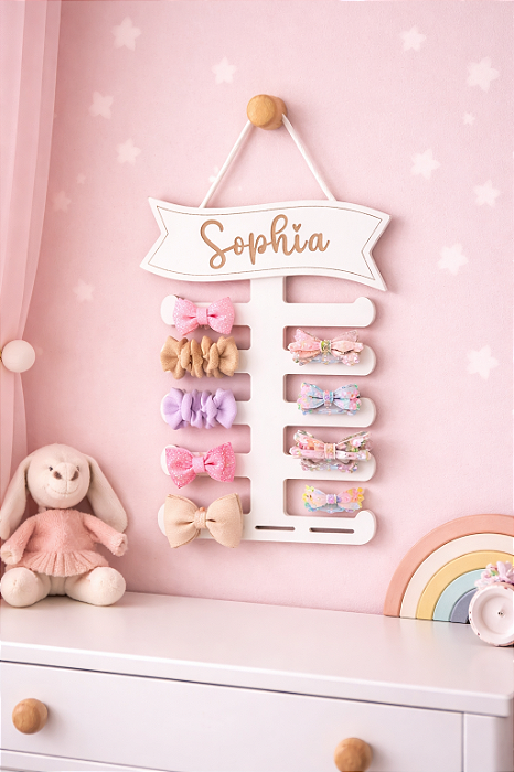 Porta Laços Letriro Faixa Personalizado com Nome Organizador de Laços Infantil Decoração Quarto de Menina