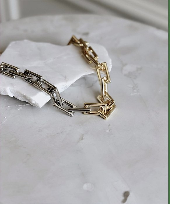 Colar Elos Banho Ouro e Ródio Branco