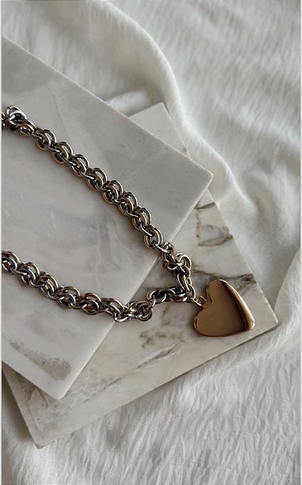 Colar Elos Banho Duplo com Pingente Coração