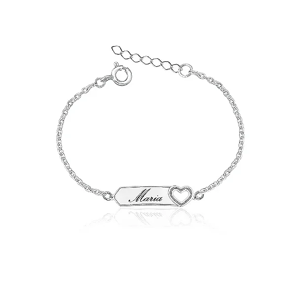 Pulseira infantil feminina coração Placa em Prata 925