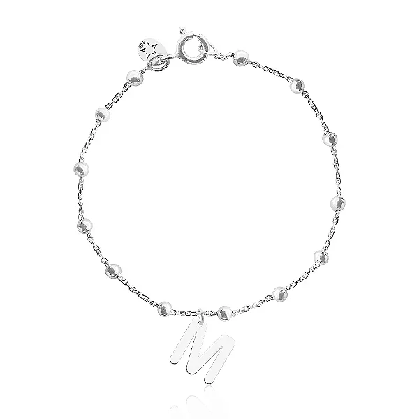 Pulseira feminina Prata Bolinha Pesonalizada com Inicial - PRATA 925