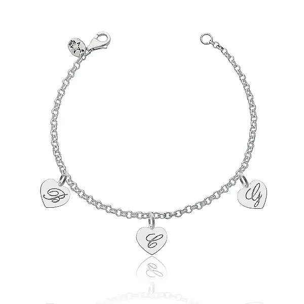 Pulseira feminina Prata Bolinha Pesonalizada com 3 iniciais em coração  - PRATA 925