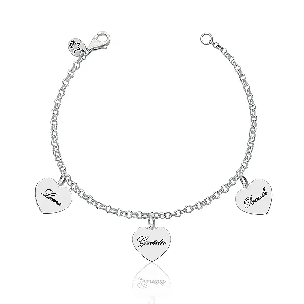 Pulseira feminina Prata Pesonalizada com 3 iniciais em coração