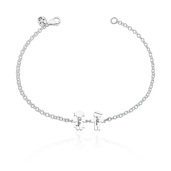 Pulseira feminina Prata Pesonalizada com  casal de filhos e nome