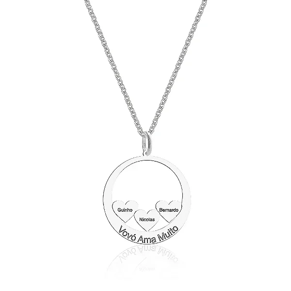 Colar Feminino Disco com 3 Corações com Nomes Personalizado - PRATA 925