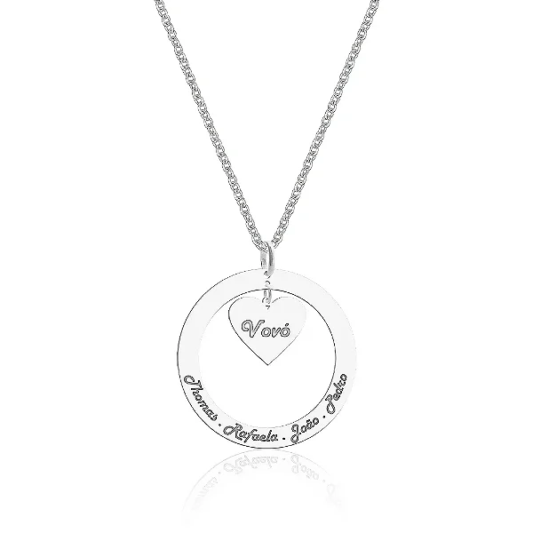 Colar Feminino Disco com 3 Corações com Nomes Personalizado - PRATA 925