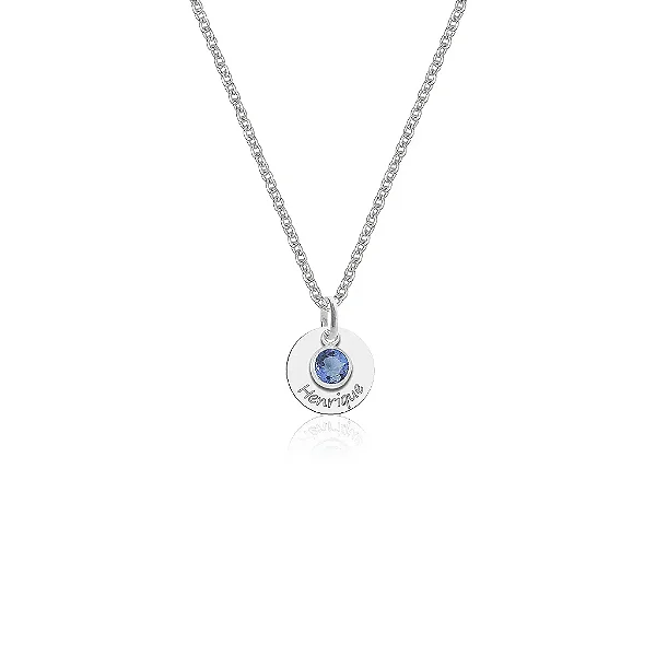 Colar feminino com Cristal Azul Safira e Medalha personalizavel - PRATA 925