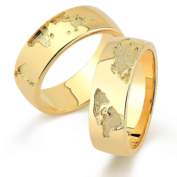 Par de alianças Mapa do Mundo 6mm de casamento ouro 18k
