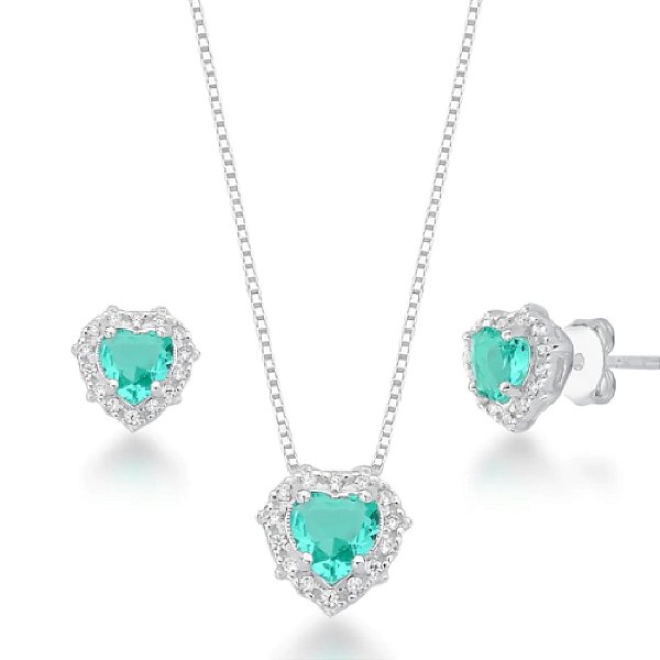Conjunto feminino colar com Coração e brincos Cravejado Turmalina - PRATA 925