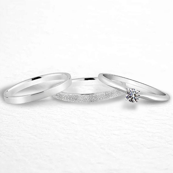 Par de alianças Lunna 2mm de namoro + anel solitário prata 950