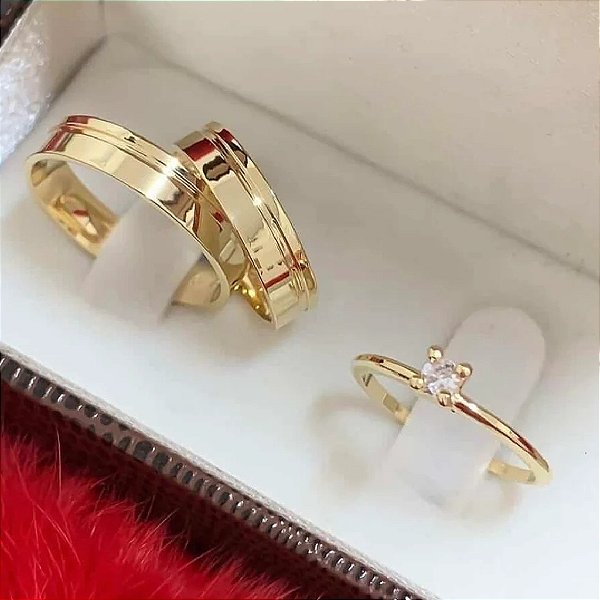 Par de alianças casamento Vega 4mm de moeda antiga - Anel solitário Brinde