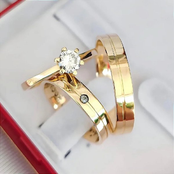 Par de alianças casamento Lucy 5mm de moeda antiga - Anel solitário Brinde