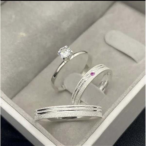 Par de alianças Holly 4mm de namoro + anel solitário prata 950