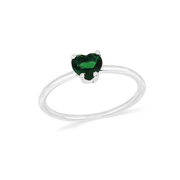 Anel Solitário com pedra coração verde - PRATA 925